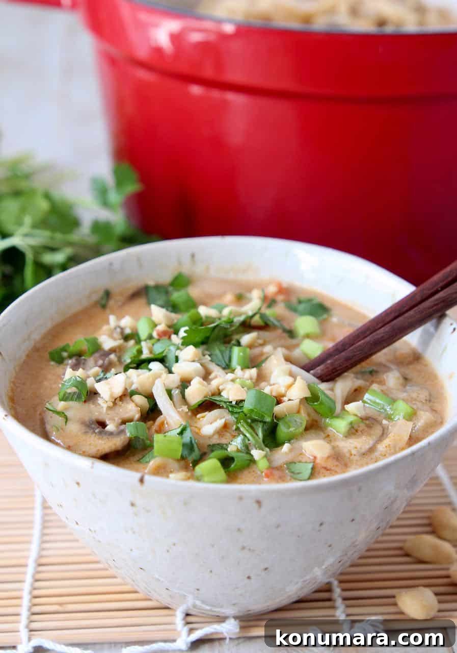 Creamy One-Pot Thai Peanut Noodle Soup 4 Bowl of thai noodle soup with large red pot behind it