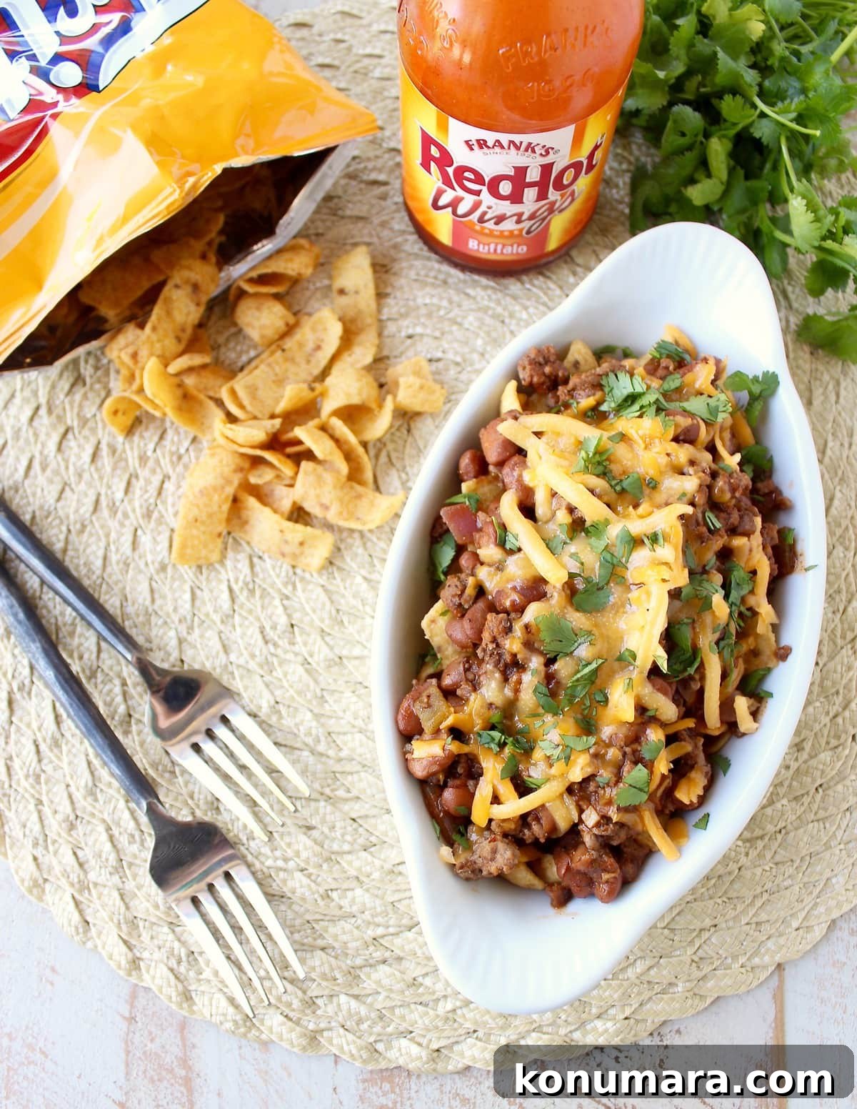 15 Pantry Staple Recipes with Shopping List 15 Frito Chili Pie is given a spicy kick with the addition of buffalo sauce, green chilies and spices in this delicious twist on a classic recipe, easy to make in only 20 minutes!