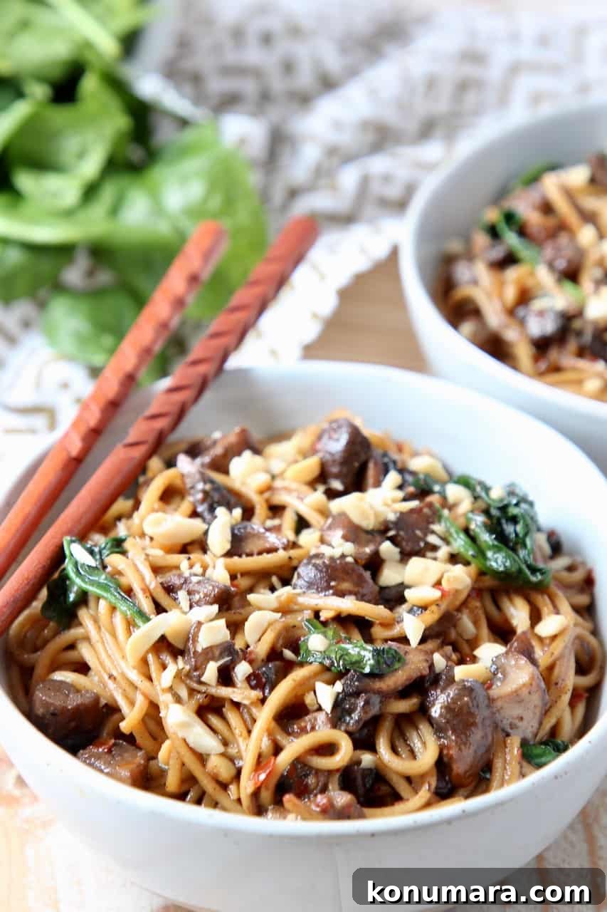 Vegetarian Dan Dan Noodles with Spicy Sichuan Peanut Sauce 2 Dan dan noodles in bowl with chopsticks on the side