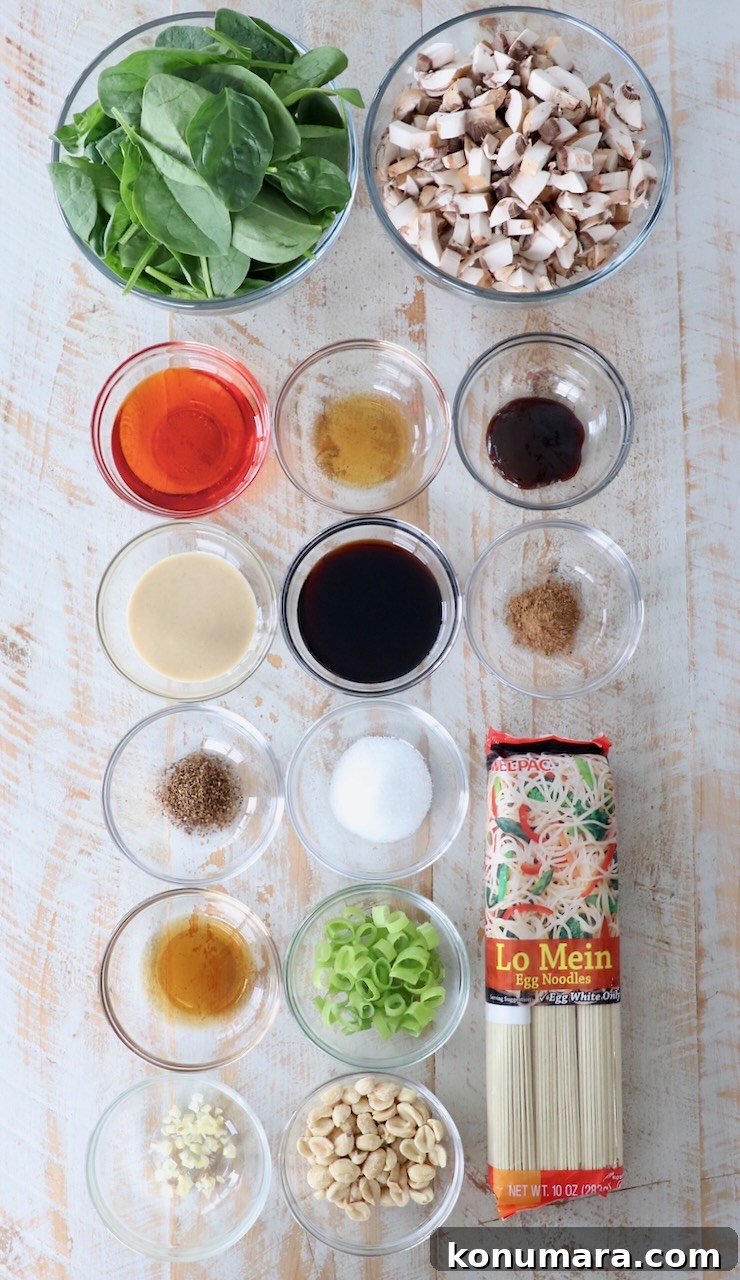 Vegetarian Dan Dan Noodles with Spicy Sichuan Peanut Sauce 3 ingredients for dan dan noodles on white wood board