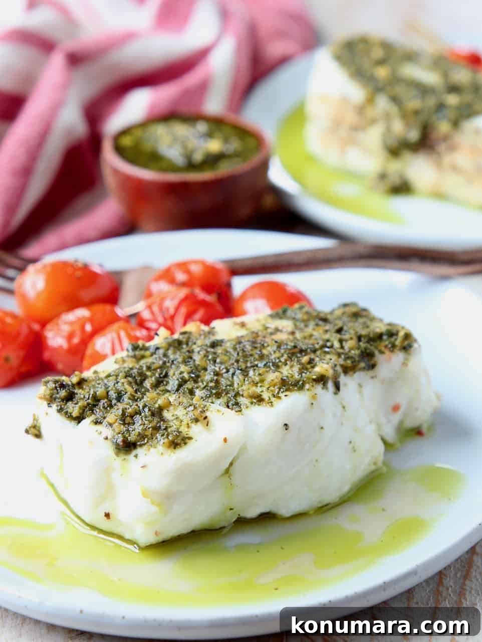 Baked Chilean Sea Bass with Basil Pesto Recipe 4 Chilean sea bass on plate topped with basil pesto