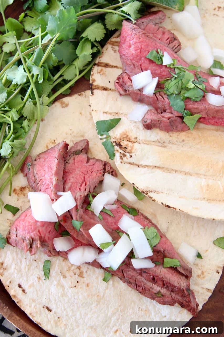 Grilled Citrus-Marinated Carne Asada 2 Sliced carne asada in tortillas topped with diced onions and cilantro