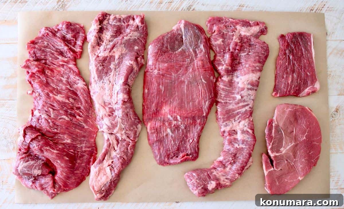 Grilled Citrus-Marinated Carne Asada 4 Different cuts of beef for carne asada on butcher paper