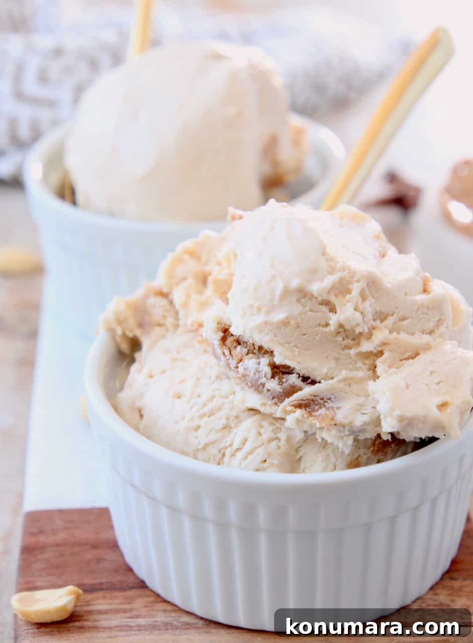 Creamy No Churn Peanut Butter Ice Cream Recipe 2 Scoops of peanut butter ice cream in small white bowl with gold spoon