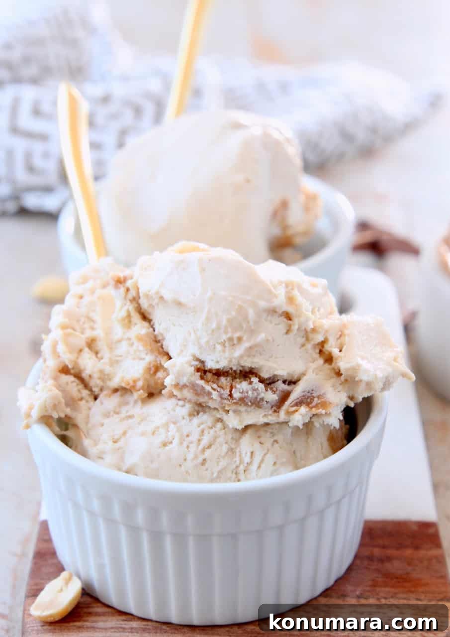 Creamy No Churn Peanut Butter Ice Cream Recipe 3 Scoops of peanut butter ice cream in bowls with gold spoons