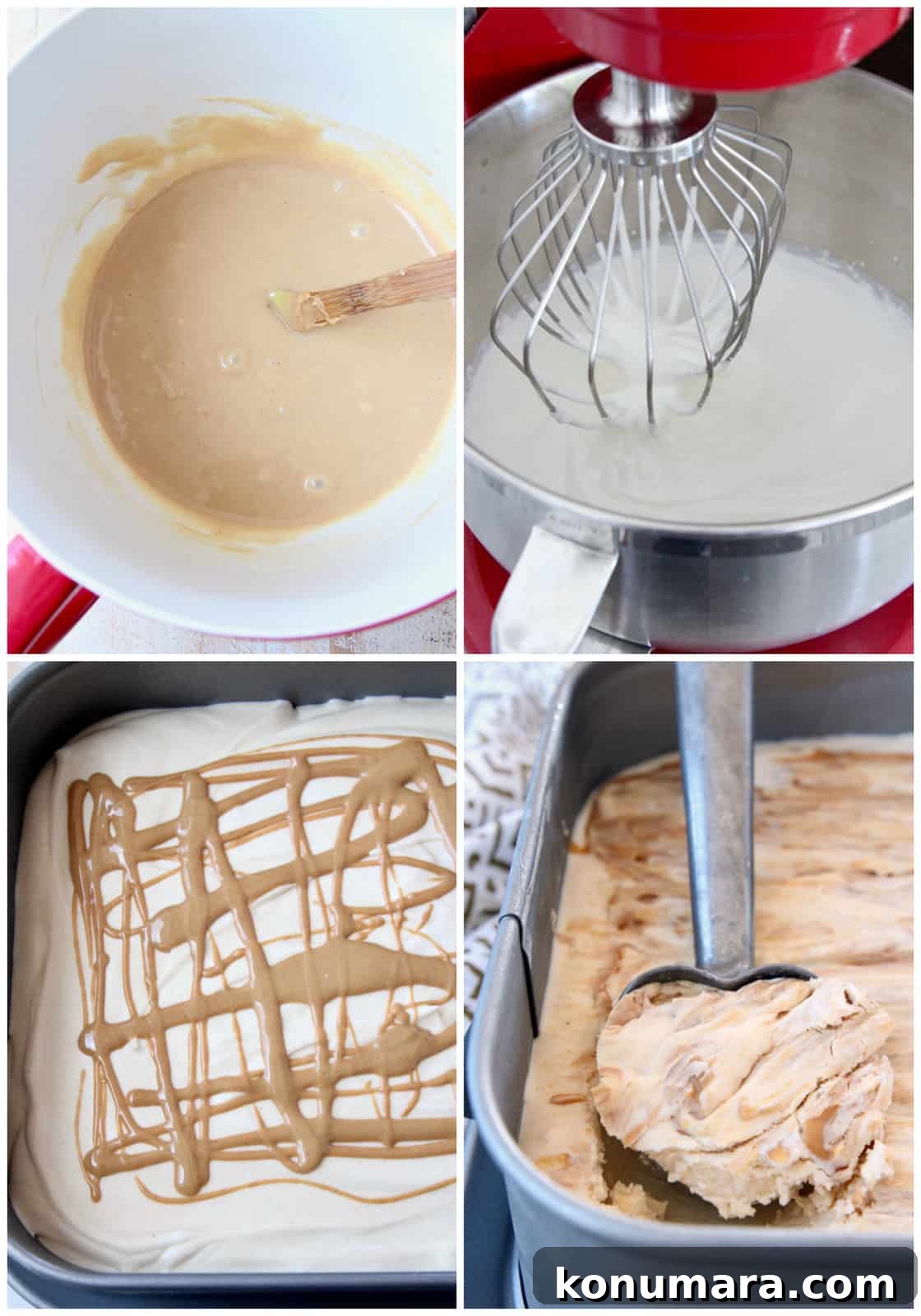 Creamy No Churn Peanut Butter Ice Cream Recipe 4 collage of images showing how to make peanut butter ice cream without a machine