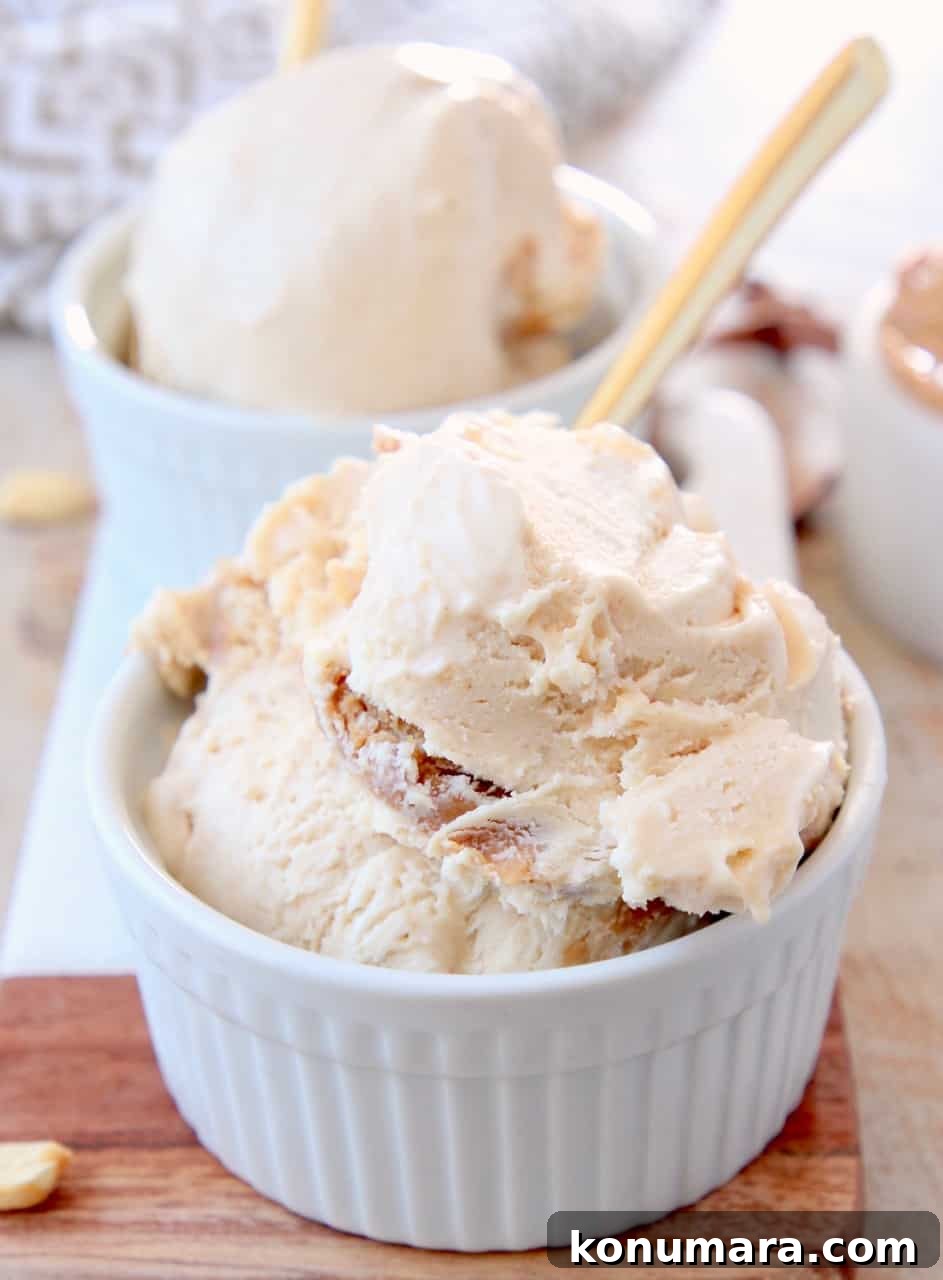 Creamy No Churn Peanut Butter Ice Cream Recipe 5 Scoops of peanut butter ice cream in bowls with gold spoons