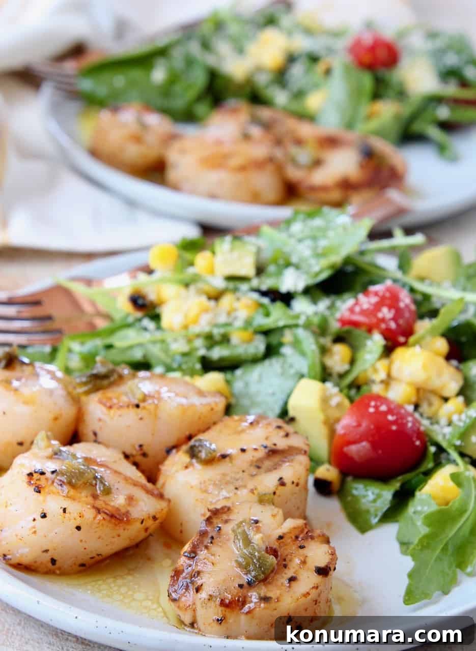 Grilled Scallops in Spicy Jalapeño-Lemon Butter Sauce 2 Grilled scallops on plate with salad