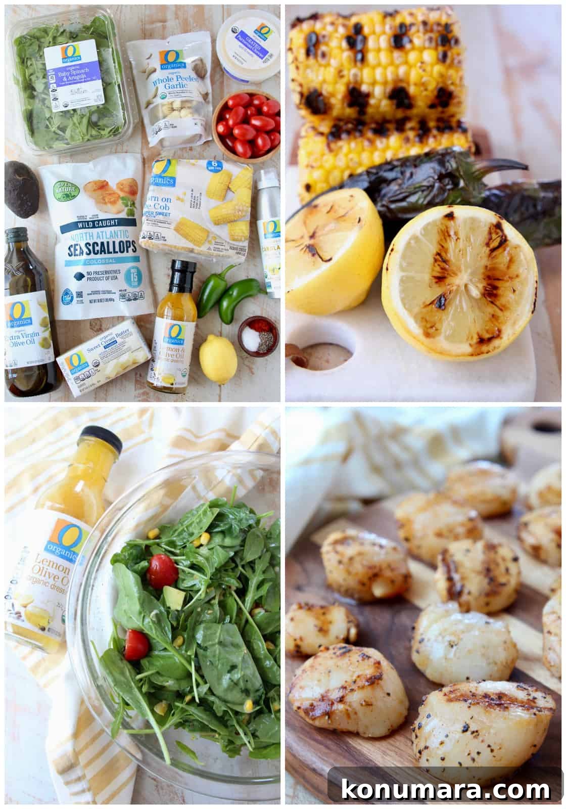 Grilled Scallops in Spicy Jalapeño-Lemon Butter Sauce 3 Collage of ingredients and preparation for grilled scallops