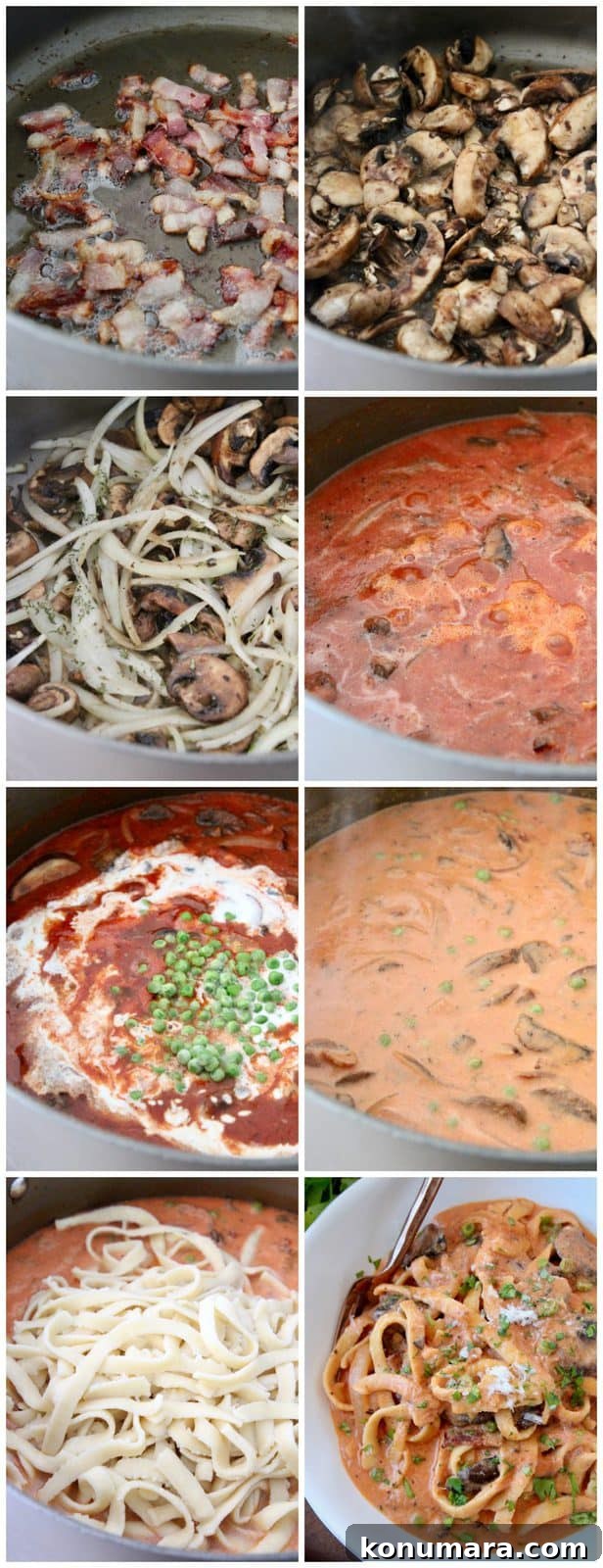 Pasta Boscaiola: Creamy Mushroom and Bacon Sauce 4 Collage of images showing how to make boscaiola sauce