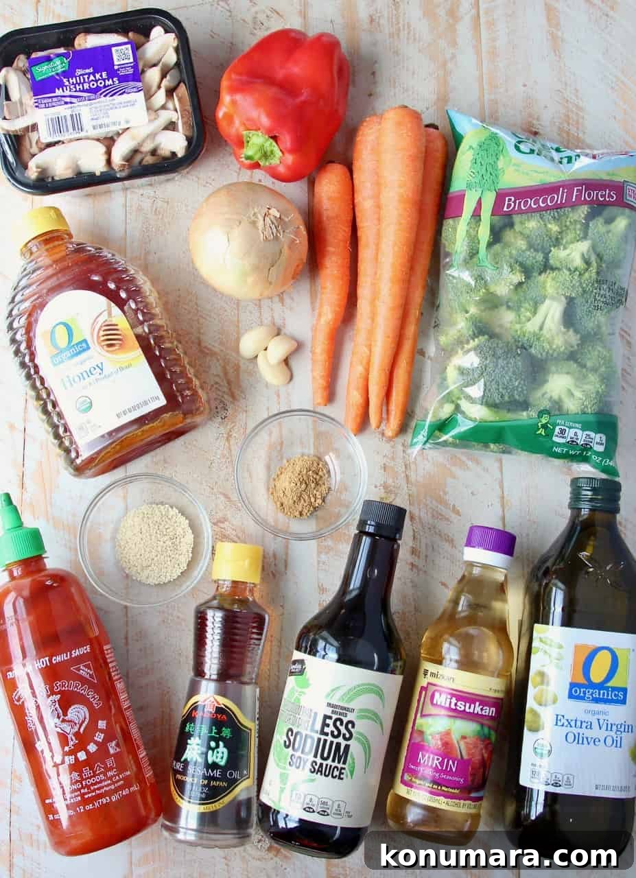 Soy Ginger Glazed Roasted Asian Vegetables Recipe 3 overhead image of ingredients for roasted asian vegetables