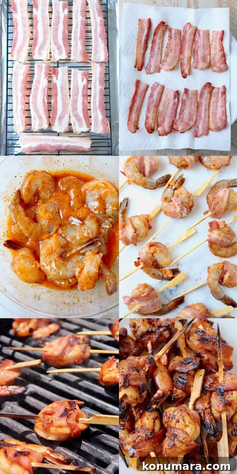 Grilled Bacon-Wrapped Shrimp Skewers 4 Collage of images showing how to make grilled bacon wrapped shrimp