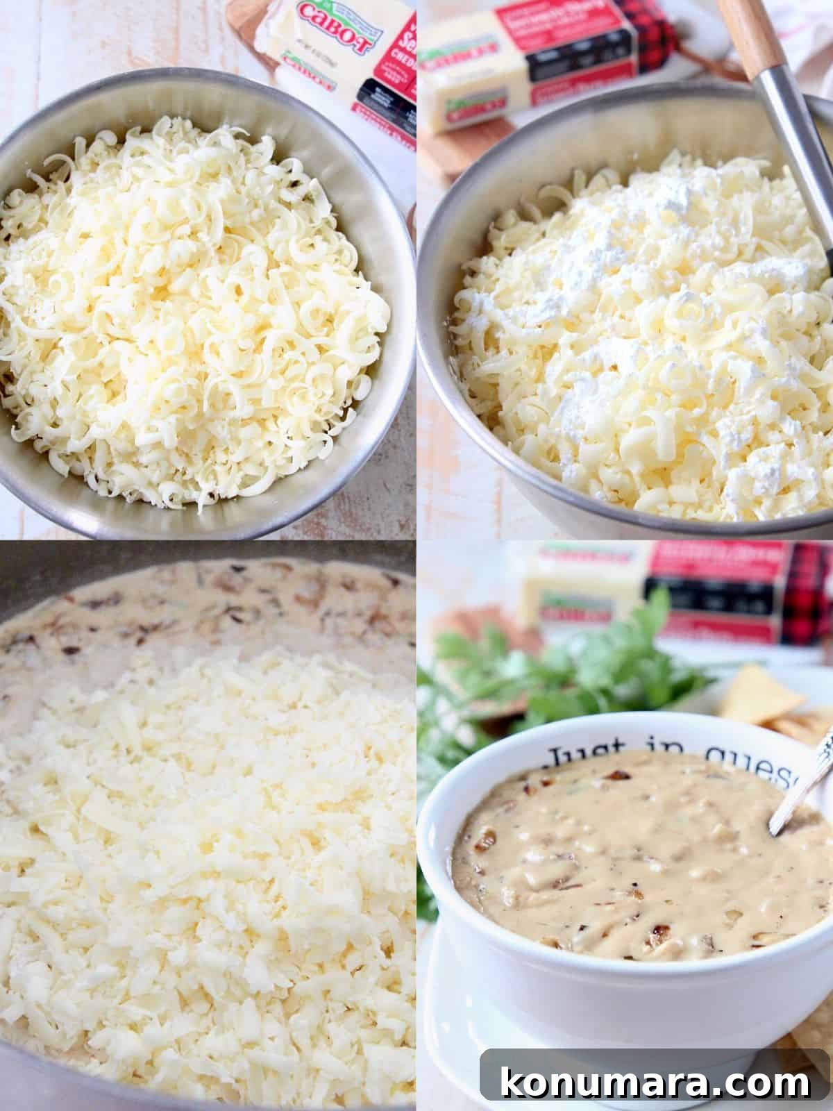 Creamy French Onion Queso Dip Recipe 3 collage of images showing how to make french onion dip queso