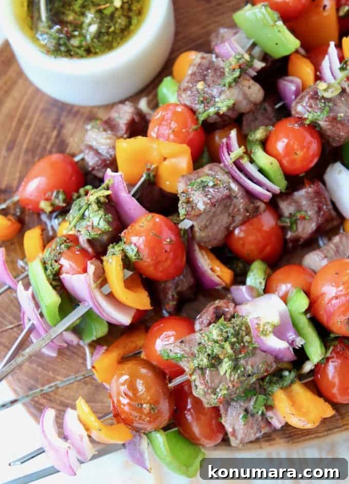 Grilled Ribeye Steak Kabobs with Chimichurri Sauce Recipe 4 Steak and veggie kabobs stacked on top of each other