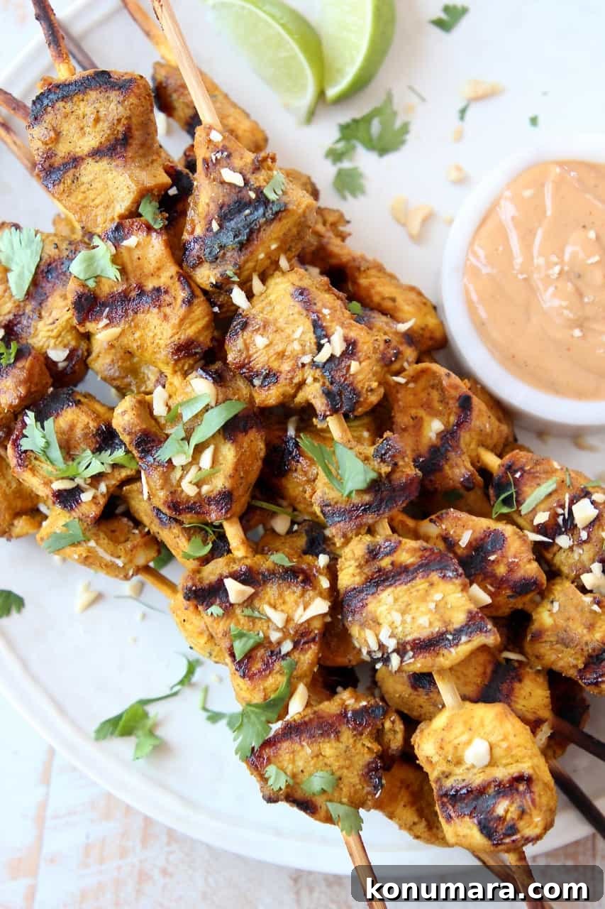 Skewers of chicken on plate with small bowl of peanut sauce