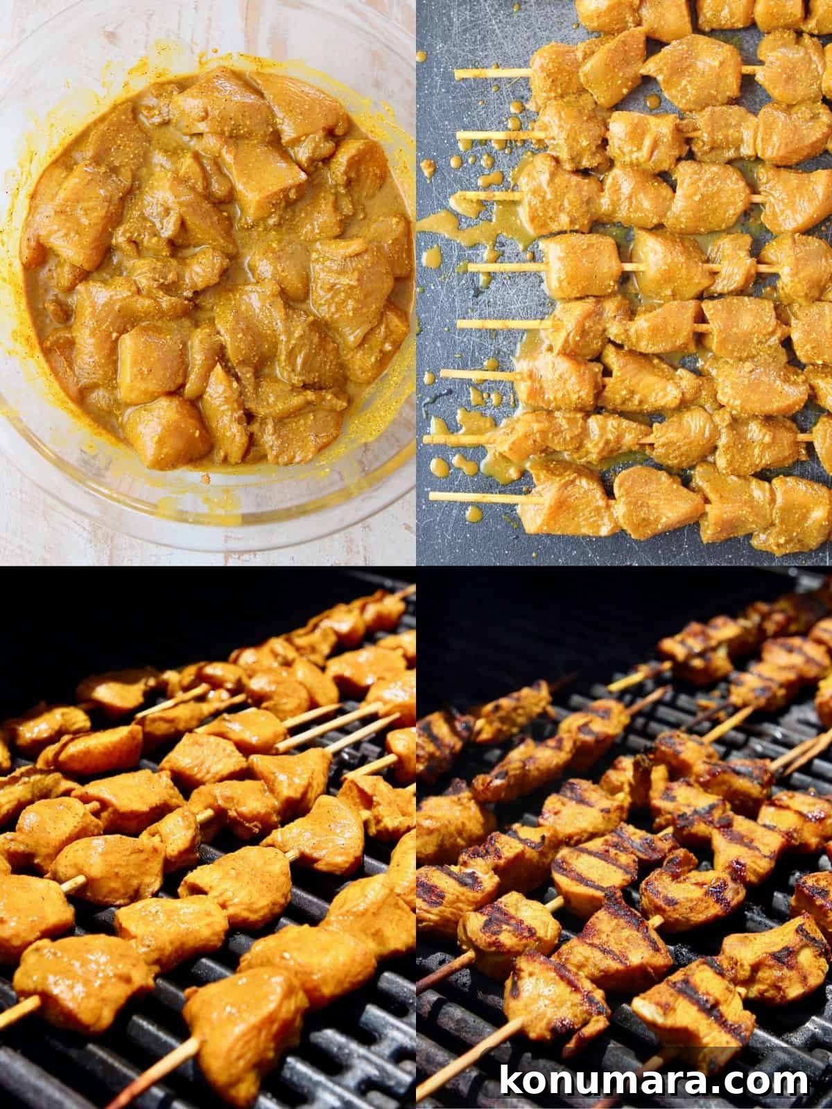 Collage showing how to make chicken satay
