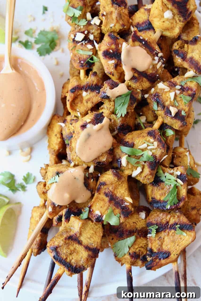 grilled chicken skewers on plate with peanut sauce