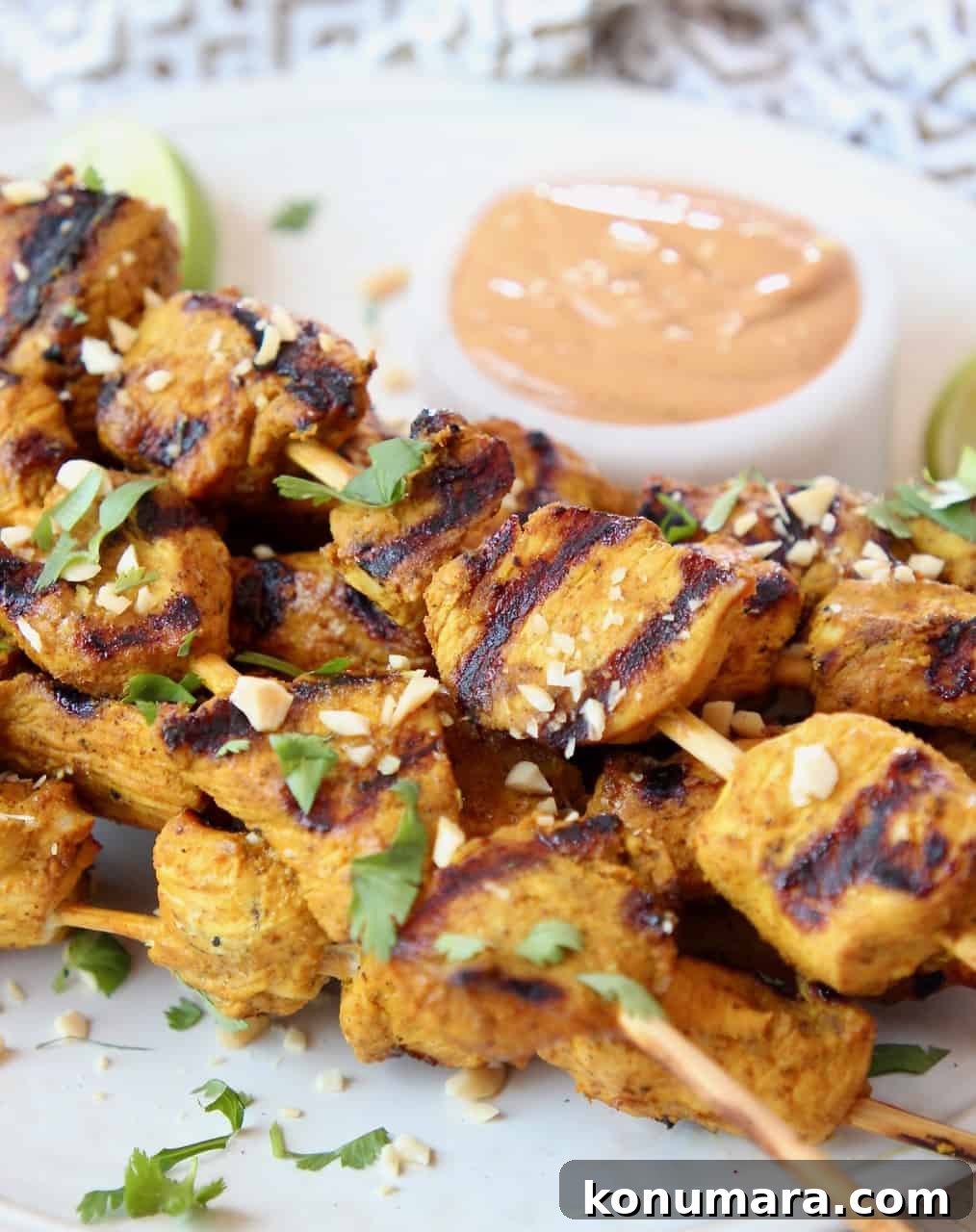 Grilled chicken satay on plate with bowl of peanut sauce