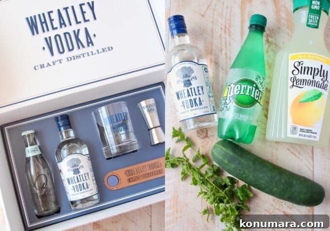 Ingredients for cucumber mint vodka cocktails