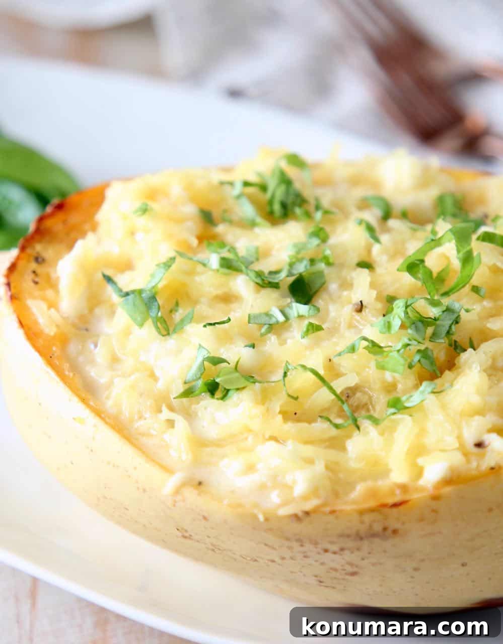 Baked Spaghetti Squash Mac and Cheese 4 Half of a roasted spaghetti squash tossed in cheese sauce on white plate