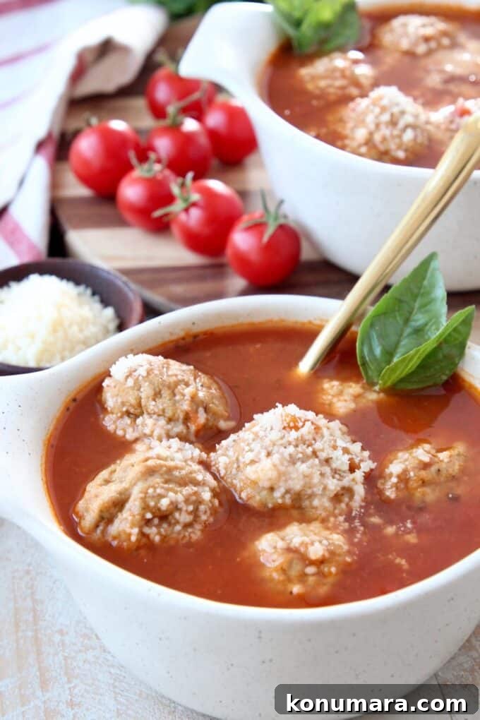 Meatball soup in bowl with basil leaves on the side