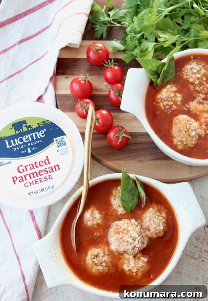 Overhead image of Italian meatball soup in bowls