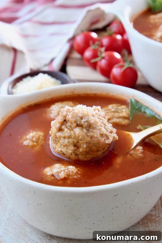 Meatball lifted out of bowl of soup with a spoon