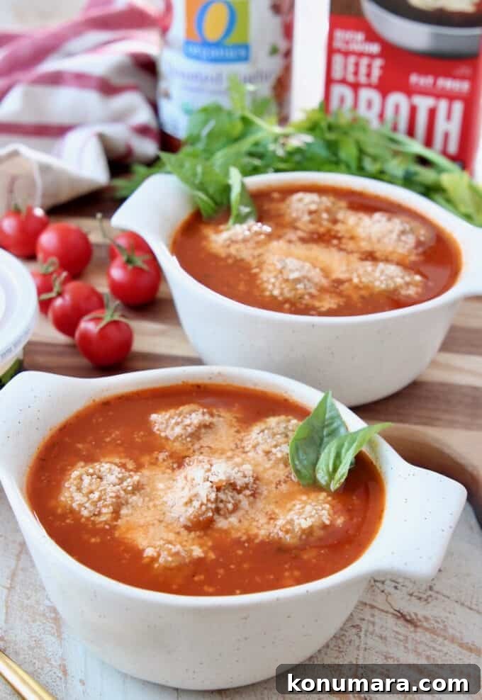 meatball soup in bowls topped with grated parmesan cheese and fresh basil leaves