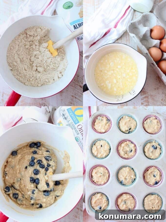 Low-Carb Almond Flour Blueberry Muffins Recipe 4 collage of images showing how to make low carb blueberry muffins