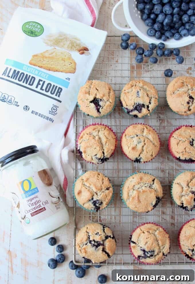 Low-Carb Almond Flour Blueberry Muffins Recipe 5 overhead image of blueberry muffins on wire baking rack