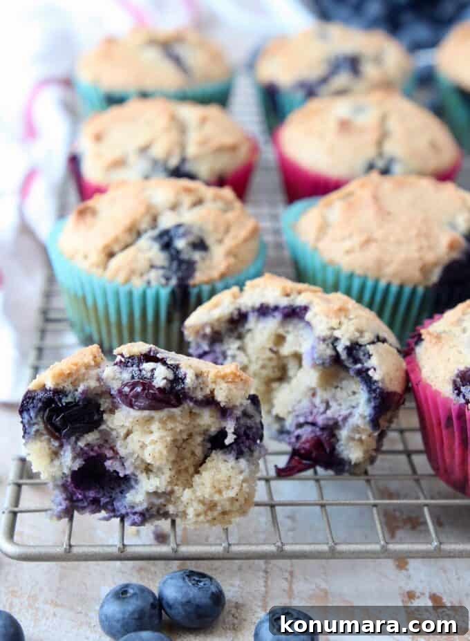 Low-Carb Almond Flour Blueberry Muffins Recipe 7 Blueberry muffin cut in half on wire baking rack