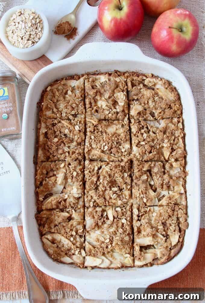 Overhead image of sliced oatmeal bars in baking dish