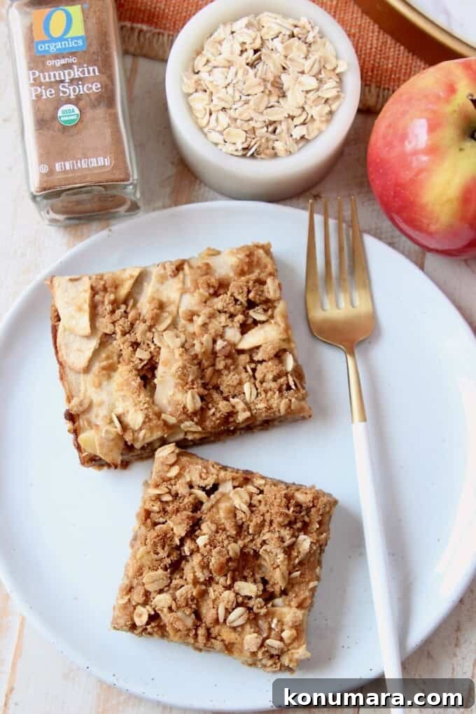 Overhead image of apple oatmeal bars on plate with spoon