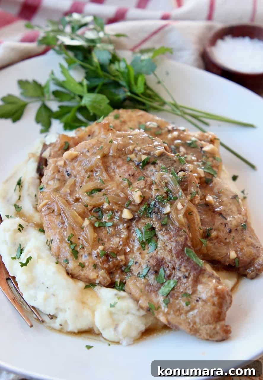 Slow Cooker Pork Chops with French Onion Gravy 2 pork chops stacked up on plate on top of mashed potatoes