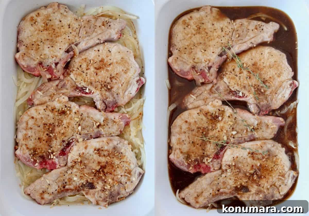 Slow Cooker Pork Chops with French Onion Gravy 4 side by side images of pork chops in slow cooker with onions and beef broth