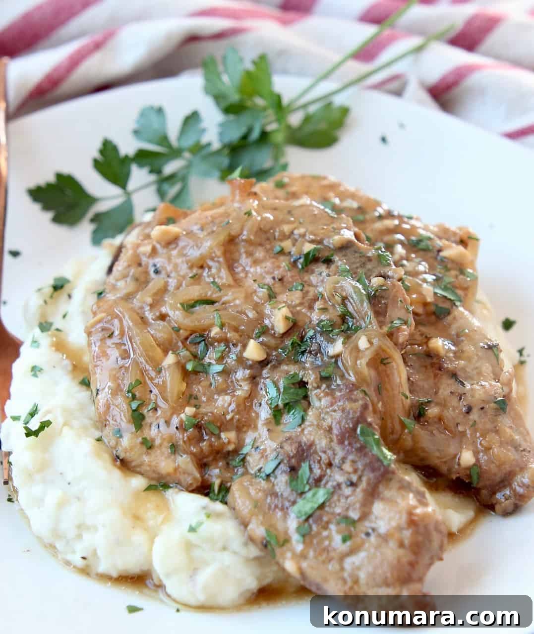 Slow Cooker Pork Chops with French Onion Gravy 5 two pork chops stacked on top of each other on plate with mashed potatoes