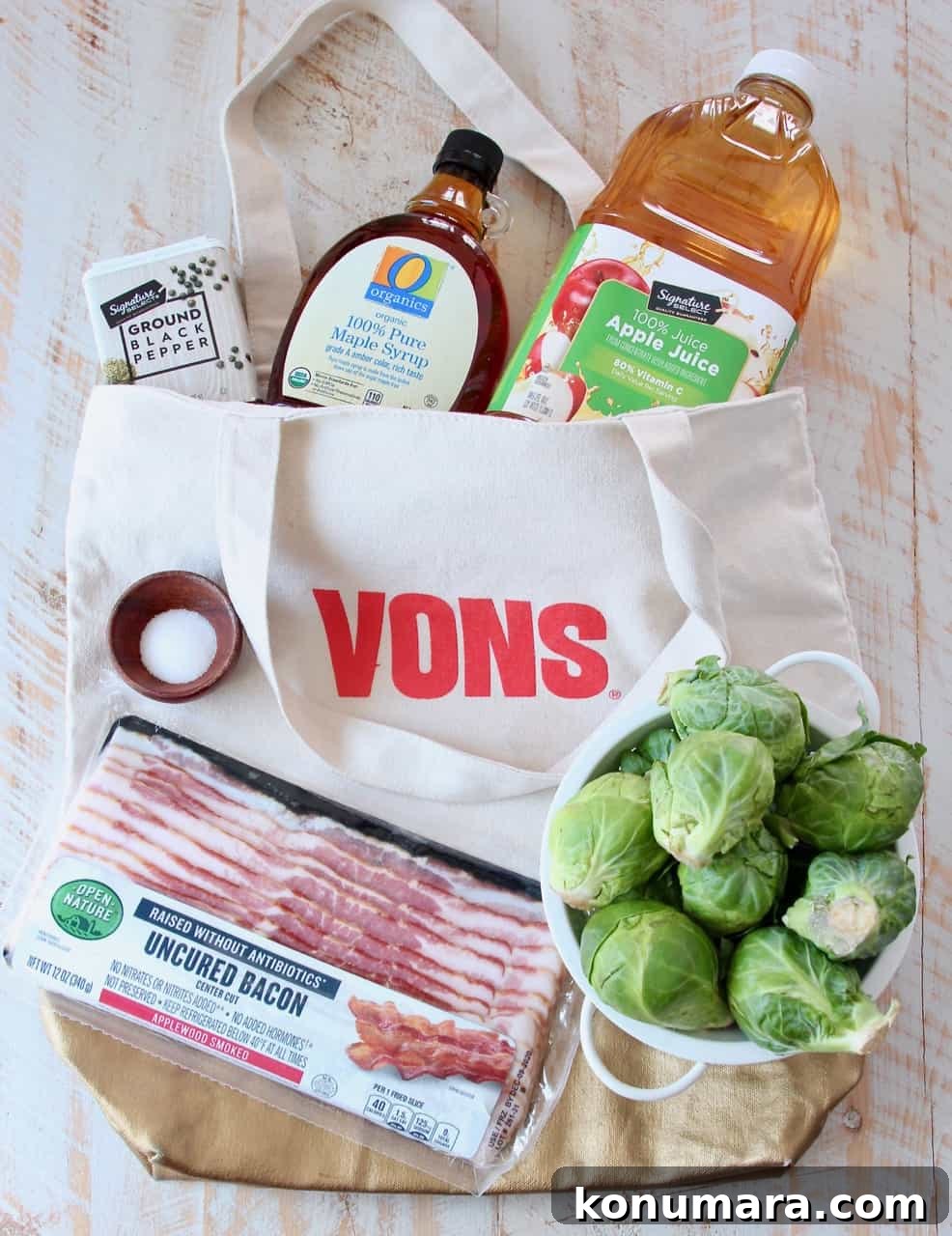 Ingredients for Maple Bacon Brussels Sprouts displayed in a bag and on a counter