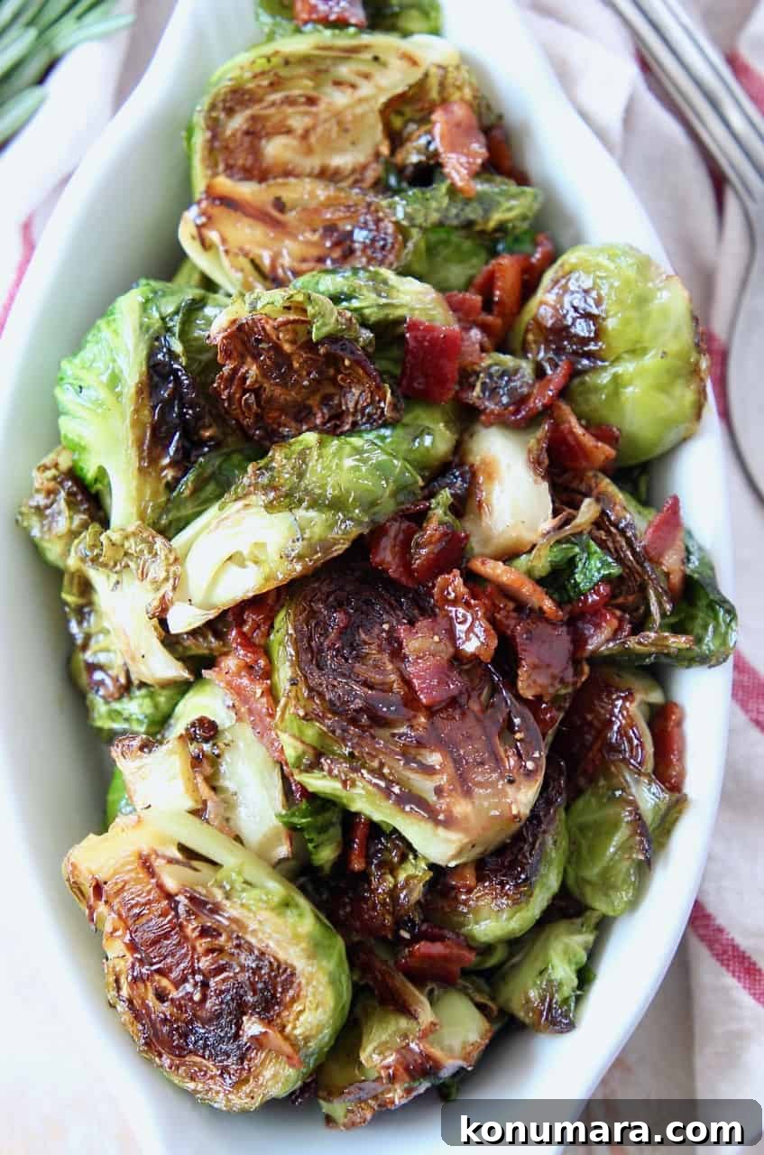 Overhead shot of maple bacon brussels sprouts in a serving dish