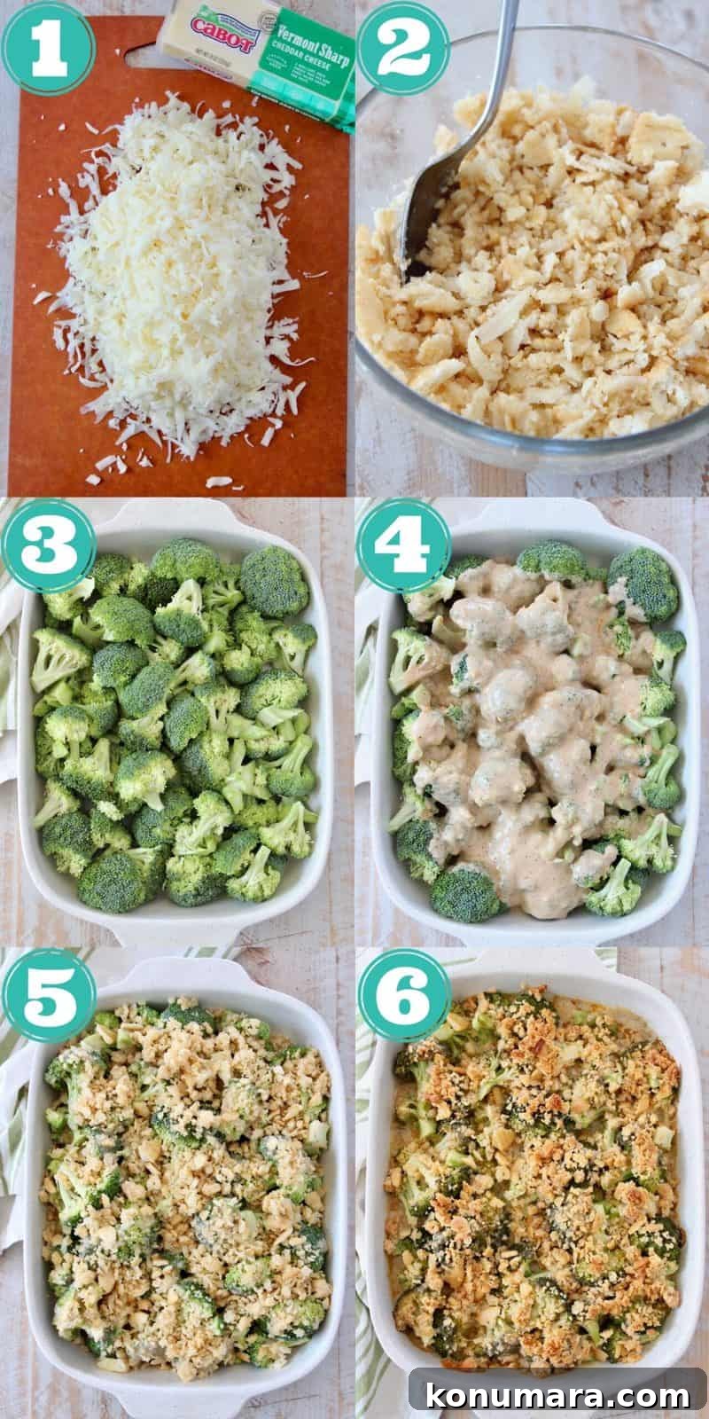 collage of images showing how to make broccoli cheddar casserole with ritz cracker topping