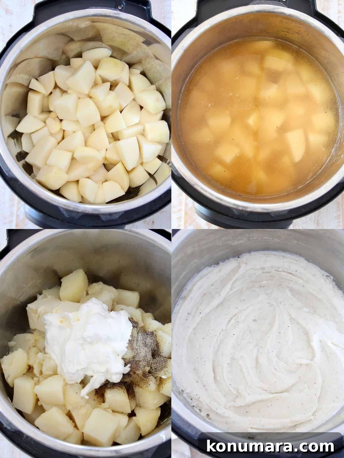 Creamy Instant Pot Mashed Potatoes Recipe 4 collage of images showing how to make mashed potatoes in an instant pot