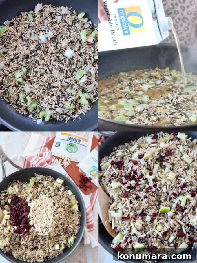 Wild Rice Pilaf with Apples and Cranberries 4 collage of images showing how to make wild rice pilaf stuffing