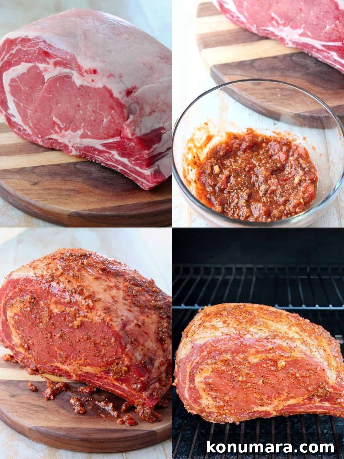 collage of images showing how to make harissa rubbed smoked prime rib