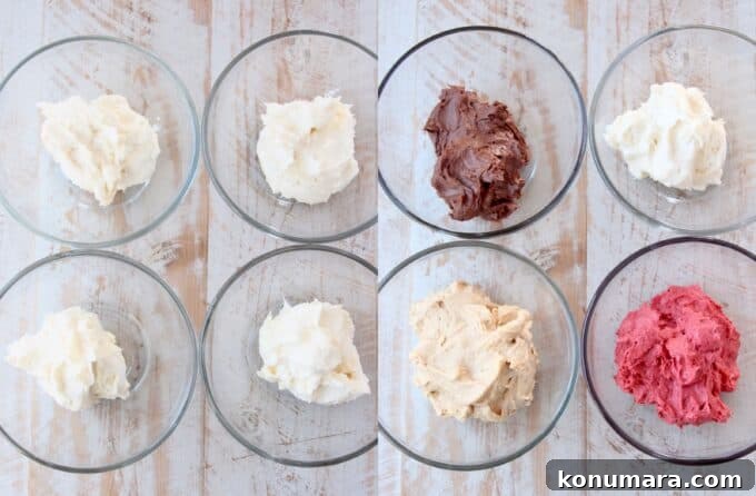 Overhead image of dessert cream cheese dips in glass bowls