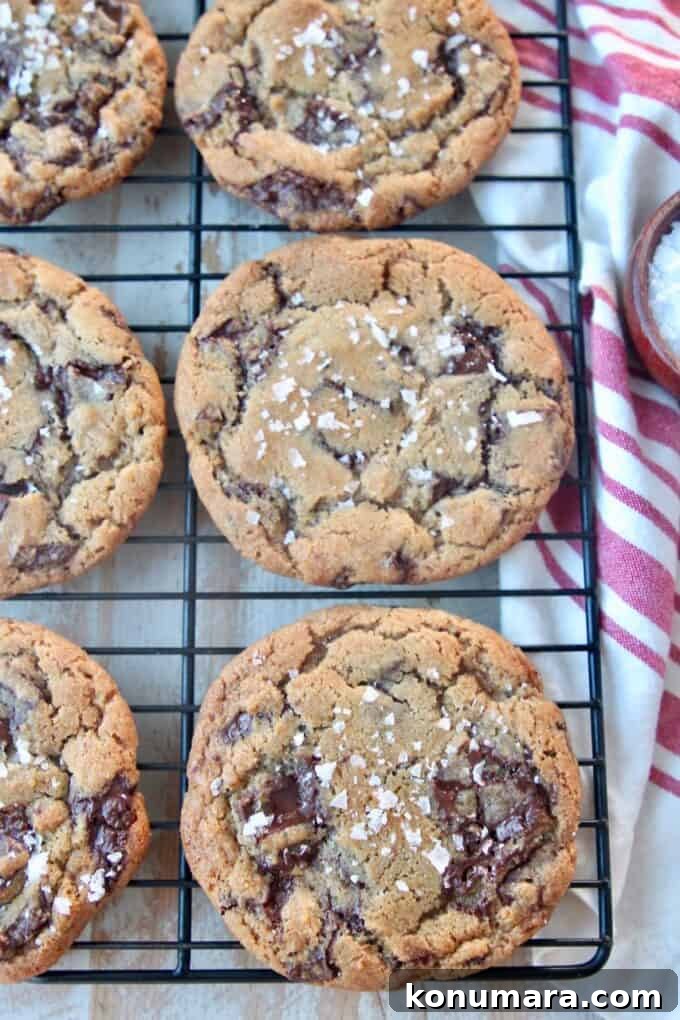 Sea Salt Chocolate Chunk Cookies Recipe 4 overhead image of chocolate chunk cookies on wire rack