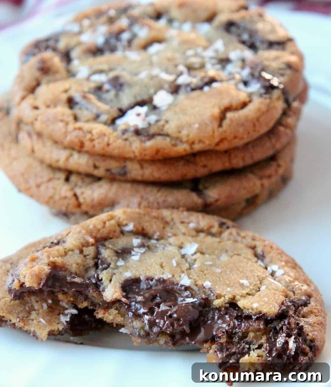 Sea Salt Chocolate Chunk Cookies Recipe 5 salted chocolate chunk cookies on plate