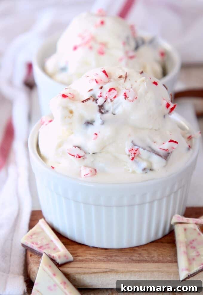 Homemade No-Churn Peppermint Bark Ice Cream 2 peppermint bark ice cream scoops in white bowl