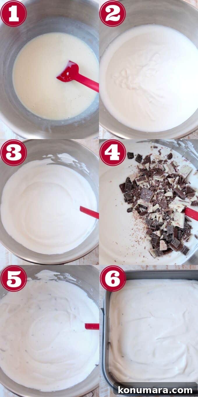 Homemade No-Churn Peppermint Bark Ice Cream 5 collage of images showing how to make peppermint bark ice cream