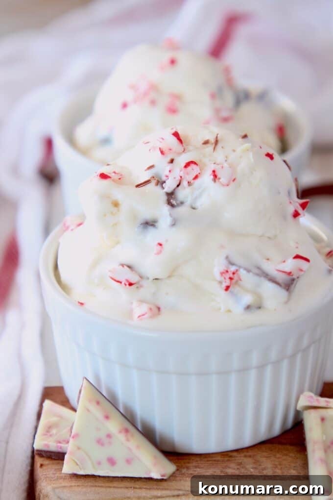 Homemade No-Churn Peppermint Bark Ice Cream 6 Scoops of peppermint bark ice cream in white bowl