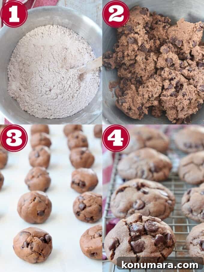 Double Chocolate Chip Cookies with Fudgy Centers 4 collage of images showing how to make double chocolate chip cookies