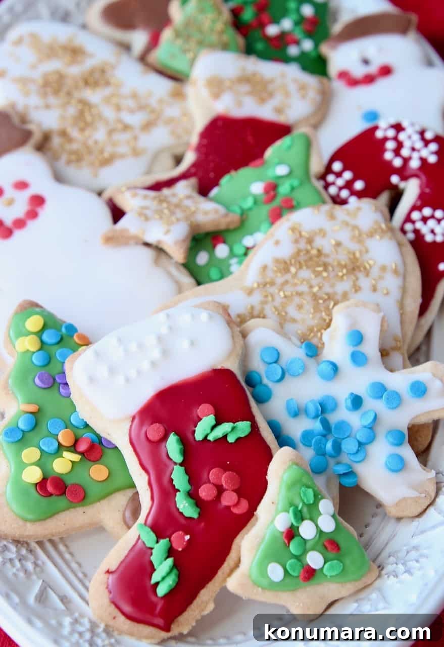 Decorated holiday sugar cookies on plate